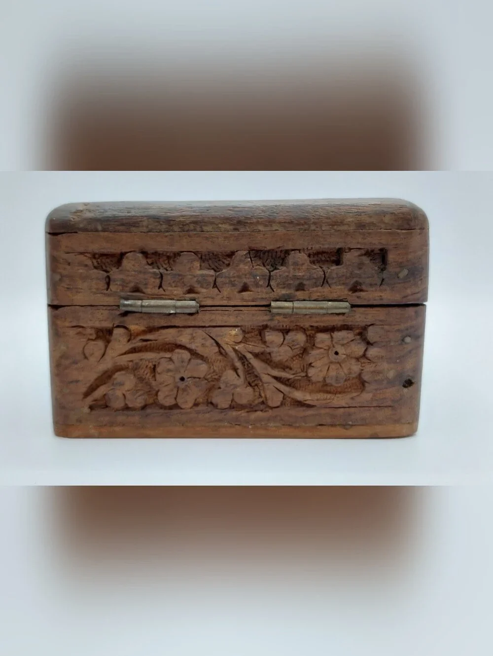 Vintage Hand Carved Wooden Trinket Jewelry Box Floral Folk Art Keepsake Storage